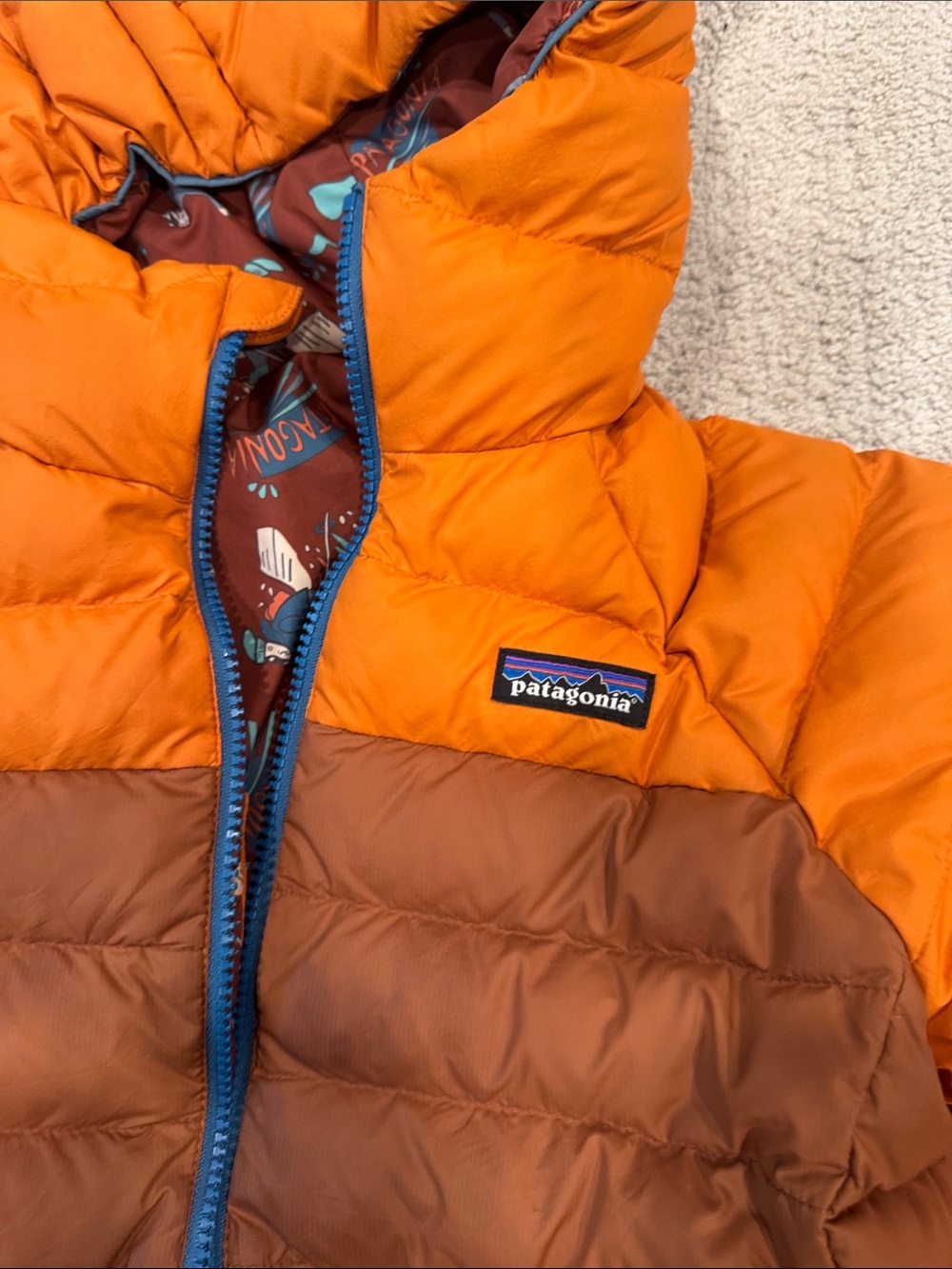 Patagonia Orange, Brown & Blue Hooded Puffer Jacket - Picture 2 of 10